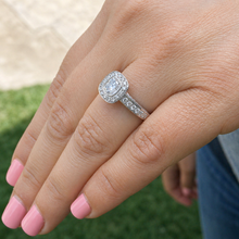 Load image into Gallery viewer, Cushion Cut Moissanite And Round Cut Sides Engagement Ring Bezel Set In 14k Solid White Gold Halo Filigree Style Bridal Wedding Ring 1.70ctw