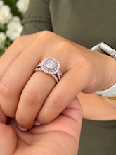 Load image into Gallery viewer, Cushion Cut And Round Cut Diamonds And Pink Sapphires Engagement Ring And Two Bands IGI Certified 14K White And Rose Gold Double Halo 3.00ct