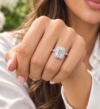 Load image into Gallery viewer, Emerald Cut Moissanite And CVD Round And Baguettes Diamond Sides Engagement Ring 14k Solid White Gold Deco Style Halo Wedding Ring 2.45ctw
