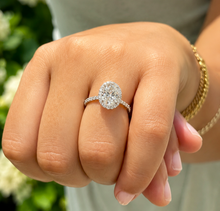 Load image into Gallery viewer, Elongated Oval Shape Moissanite Center (11x8mm) And Round Cut Sides Engagement Ring Halo Style 14k White Gold Wedding Ring 4.50ctw