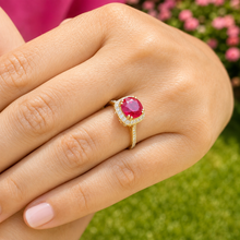 Load image into Gallery viewer, Round Cut Ruby And Round Cut Sides Natural Diamonds Antique Deco Design 14k Solid Yellow Gold Halo Filigree Style Bridal Wedding Ring 2.50ct