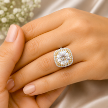 Load image into Gallery viewer, Cushion Cut Moissanite And Round Cut Engagement Ring 14k Solid White And Yellow Gold Bridal Wedding Ring Double Halo Style Split Shank 6.50
