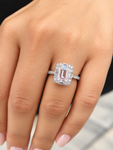 Load image into Gallery viewer, Emerald Cut Round Cut And Baguettes Diamond Engagement Ring IGI Certified 14k Solid White Gold Deco Halo Bridal Wedding Ring 2.70ctw F-VS2