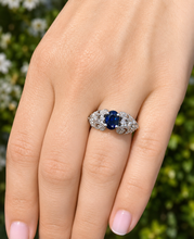 Load image into Gallery viewer, Natural Oval Shape Sapphire And Round Cut Sides Diamonds Engagement Ring Filigree Wedding Ring Right Hand Ring 14K Solid White Gold 2.15ctw
