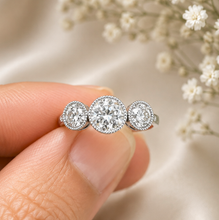 Load image into Gallery viewer, Round Cut Moissanite Engagement Ring Three Stone Antique Style Bezel Set Design 14k Solid White Gold Wedding Bridal Set 2.00ctw