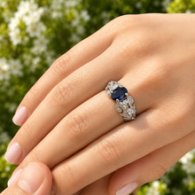 Load image into Gallery viewer, Natural Oval Shape Sapphire And Round Cut Sides Diamonds Engagement Ring Filigree Wedding Ring Right Hand Ring 14K Solid White Gold 2.15ctw
