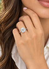 Load image into Gallery viewer, Emerald Cut Moissanite And CVD Round And Baguettes Diamond Sides Engagement Ring 14k Solid White Gold Deco Style Halo Wedding Ring 2.45ctw