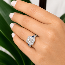 Load image into Gallery viewer, GIA Certified Asscher Round And Trillion Cut Natural Diamonds and Sapphire Engagement Ring Halo Wedding Ring 14k Solid White Gold 2.00ctw