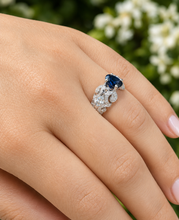 Load image into Gallery viewer, Natural Oval Shape Sapphire And Round Cut Sides Diamonds Engagement Ring Filigree Wedding Ring Right Hand Ring 14K Solid White Gold 2.15ctw