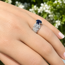 Load image into Gallery viewer, Natural Oval Shape Sapphire And Round Cut Sides Diamonds Engagement Ring Filigree Wedding Ring Right Hand Ring 14K Solid White Gold 2.15ctw