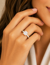 Load image into Gallery viewer, Asscher Cut and Round Cut Three Sides Moissanite Engagement Ring Prong Set Wedding Bridal Ring IGI Certified 14K Solid Yellow Gold 3.00ctw