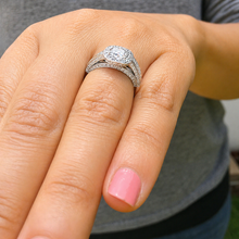 Load image into Gallery viewer, Cushion Cut Moissanite And Round Cut Sides Engagement Ring Bezel Set In 14k Solid White Gold Halo Filigree Style Bridal Wedding Ring 1.70ctw