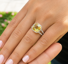 Load image into Gallery viewer, Cushion Cut Yellow Citrine And Natural Round Cut Sides Diamond Engagement Ring 14k Solid White Gold Bridal Ring Halo Style Wedding Ring 5.80