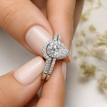 Load image into Gallery viewer, Pear Shape And Round Cut Sides Diamond Engagement Ring And Matching Band IGI Certified 14k Solid White Gold Bridal Wedding Set Halo 1.40ctw
