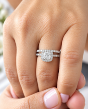 Load image into Gallery viewer, Cushion Cut Moissanite and Round Cut Sides Engagement Ring And Matching Band In 14K Solid White Gold Halo Style Wedding Bridal Set 1.75ctw