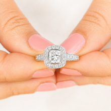 Load image into Gallery viewer, Cushion Cut Moissanite And Round Cut Sides Engagement Ring Bezel Set In 14k Solid White Gold Halo Filigree Style Bridal Wedding Ring 1.70ctw