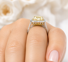 Load image into Gallery viewer, Round Cut Simulated Fancy Yellow And Cvd Round Cut Sides Diamond Engagement Ring 14k Solid White And Yellow Gold Bridal Wedding Halo 4.00ctw