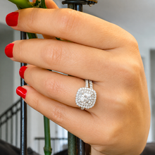 Load image into Gallery viewer, Cushion Cut Diamond And Round Cut Sides Engagement Ring And Matching Band Double Halo Bridal Set 14k Solid White Gold Wedding Set 2.00ctw