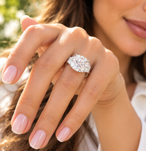Load image into Gallery viewer, Cushion Cut Center And Half Moon Shape Sides Diamond Engagement Ring IGI Certified 14k Solid White Gold Three Stone Style Ring 5.80ctw G-VS2