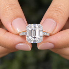 Load image into Gallery viewer, Emerald Cut Moissanite And CVD Round And Baguettes Diamond Sides Engagement Ring 14k Solid White Gold Deco Style Halo Wedding Ring 2.45ctw