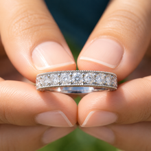 Load image into Gallery viewer, Round Cut Three Sided Cvd Diamond Eternity Band Set In 14k Solid White Gold Anniversary Band Filigree Wedding Bridal Band 2.75ct 3.8mm width