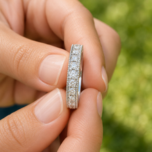 Load image into Gallery viewer, Round Cut Three Sided Moissanite Eternity Band Set In 14k Solid White Gold Anniversary Band Filigree Wedding Bridal Band 2.75ctw 3.8mm width