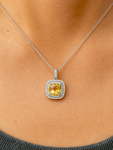 Load image into Gallery viewer, Cushion Shape Natural Yellow Citrine And Round Cut Natural Diamonds Pendent And Chain Necklace Double Halo Style Gift 14k White Gold 2.50ctw