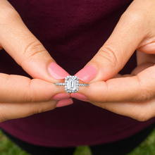 Load image into Gallery viewer, Emerald Cut Moissanite Center And Round Cut Sides Engagement Ring Halo Style Minimalist Bridal Wedding Ring Set In 14k Solid White Gold 1.50