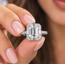 Load image into Gallery viewer, Emerald Cut Moissanite And CVD Round And Baguettes Diamond Sides Engagement Ring 14k Solid White Gold Deco Style Halo Wedding Ring 2.45ctw