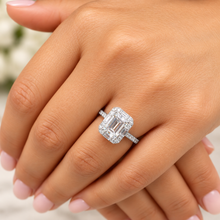 Load image into Gallery viewer, Emerald Cut Round Cut And Baguettes Diamond Engagement Ring IGI Certified 14k Solid White Gold Deco Halo Bridal Wedding Ring 2.70ctw F-VS2