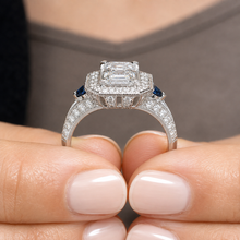 Load image into Gallery viewer, Asscher Cut Moissanite and Round Cut Sides Sapphire Engagement Ring Antique Halo Style Wedding Ring 14k Solid White Gold Bridal Ring 1.80ctw