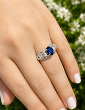 Load image into Gallery viewer, Natural Oval Shape Sapphire And Round Cut Sides Diamonds Engagement Ring Filigree Wedding Ring Right Hand Ring 14K Solid White Gold 2.15ctw