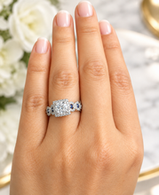 Load image into Gallery viewer, Round Cut Moissanite And Cvd Diamonds And Sapphire Sides Engagement Ring 14K Solid White Gold Bridal Ring Halo Wedding Propose Ring 2.00