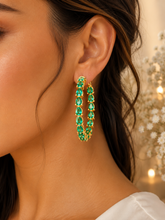 Load image into Gallery viewer, Pear Shape Green Emerald Hoop Earrings Prong set Inside Out Style 14k Solid Yellow Solid Gold Huge 8.00ctw Bridal Wedding Gift For Her