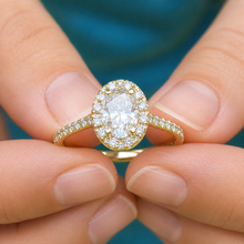 Load image into Gallery viewer, Oval Shape Center and Round Cut Sides IGI Certified Diamond Engagement Ring Halo 14k Solid Yellow Gold Wedding Bridal Ring For Her 2.00ctw