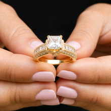 Load image into Gallery viewer, Princess Cut Center And Round Cut Sides Diamond Engagement Ring Prong Set Wedding Bridal Ring IGI Certified 14k Solid Yellow Gold 2.50ctw