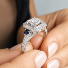 Load image into Gallery viewer, GIA Certified Asscher Round And Trillion Cut Natural Diamonds and Sapphire Engagement Ring Halo Wedding Ring 14k Solid White Gold 2.00ctw