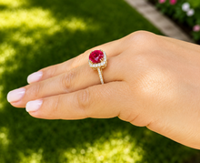 Load image into Gallery viewer, Round Cut Ruby And Round Cut Sides Natural Diamonds Antique Deco Design 14k Solid Yellow Gold Halo Filigree Style Bridal Wedding Ring 2.50ct