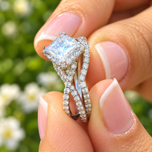 Load image into Gallery viewer, Princess Cut Moissanite & Round Cut Halo Twisted Shank Bridal Ring Set 14K White Gold 1.80 CTW
