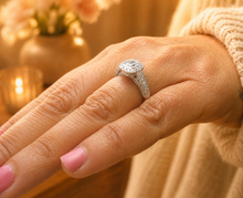 Load image into Gallery viewer, Cushion Cut Moissanite And Round Cut Sides Engagement Ring Bezel Set In 14k Solid White Gold Halo Filigree Style Bridal Wedding Ring 1.70ctw