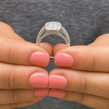 Load image into Gallery viewer, Cushion Cut Moissanite And Round Cut Sides Engagement Ring Bezel Set In 14k Solid White Gold Halo Filigree Style Bridal Wedding Ring 1.70ctw