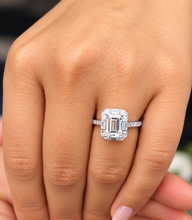 Load image into Gallery viewer, Emerald Cut Round Cut And Baguettes Diamond Engagement Ring IGI Certified 14k Solid White Gold Deco Halo Bridal Wedding Ring 2.70ctw F-VS2