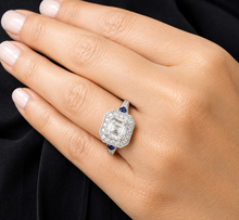 Load image into Gallery viewer, GIA Certified Asscher Round And Trillion Cut Natural Diamonds and Sapphire Engagement Ring Halo Wedding Ring 14k Solid White Gold 2.00ctw