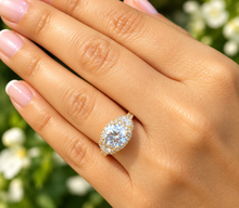 Load image into Gallery viewer, Round Moissanite & Half Moon CVD Diamond Art Deco Engagement Ring 14K Yellow Gold 3.00 CTW