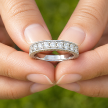 Load image into Gallery viewer, Round Cut Three Sided Moissanite Eternity Band Set In 14k Solid White Gold Anniversary Band Filigree Wedding Bridal Band 2.75ctw 3.8mm width