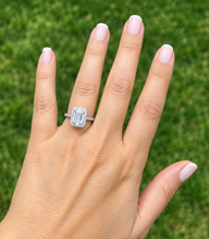 Load image into Gallery viewer, Emerald Cut Moissanite And CVD Round And Baguettes Diamond Sides Engagement Ring 14k Solid White Gold Deco Style Halo Wedding Ring 2.45ctw