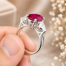 Load image into Gallery viewer, Oval Shape Ruby And Pear Shape Side Cvd Diamonds Prong Set Engagement Right Hand Ring 14k Solid White Gold Wedding Ring 3.80ctw