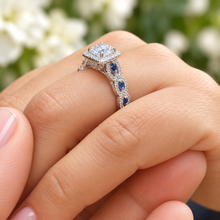 Load image into Gallery viewer, Round Cut Diamonds And Sapphire Halo Style Engagement Ring IGI Certified 14K Solid White Gold Bridal Wedding Ring Braided Twisted Shank 2.00
