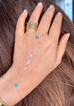 Load image into Gallery viewer, Finger Bracelet Turquoise And Moissanites Ring Bracelet Set In 14k Solid White Gold Hand Chain Bracelet Marquee Shape Links Bracelet 0.85ctw