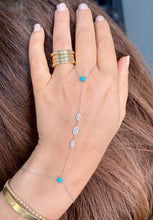 Load image into Gallery viewer, Finger Bracelet Turquoise And Moissanites Ring Bracelet Set In 14k Solid White Gold Hand Chain Bracelet Marquee Shape Links Bracelet 0.85ctw
